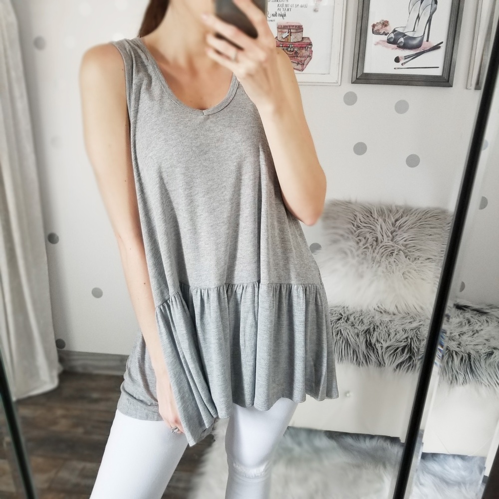 Gray Spring Tank Tops Rib Knit Ruffle Tank Summer Tops - Picture 2 of 7